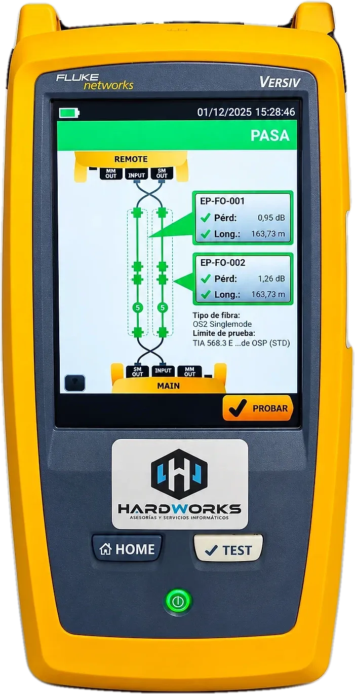 Certificadora Fluke Networks Versiv de Hardworks con resultado PASA en dos enlaces monomodo OS2