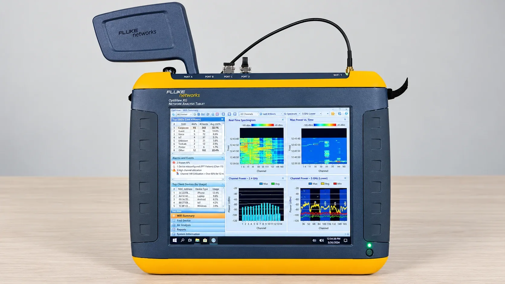 Tablet de análisis de redes Fluke OptiView XG mostrando el espectro y la potencia por canal de una red WiFi